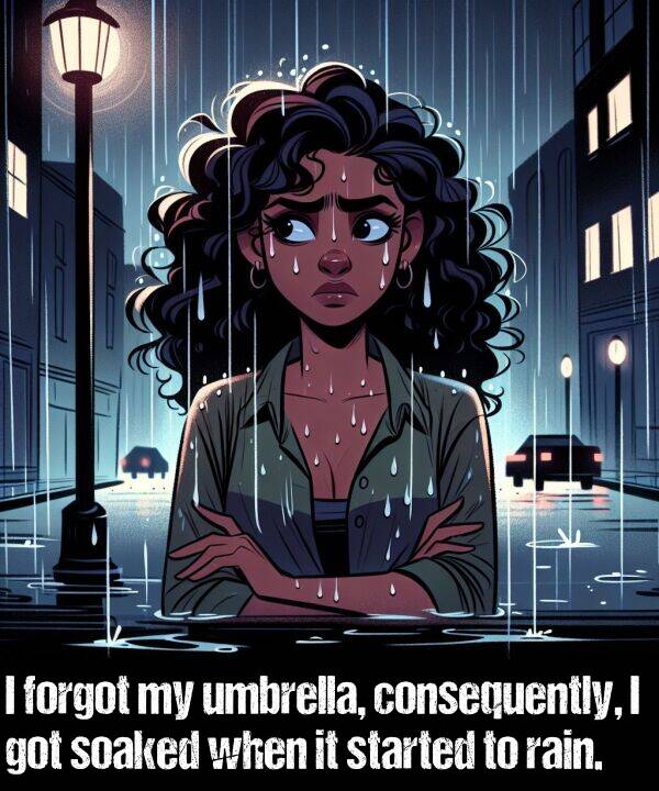 rain: I forgot my umbrella, consequently, I got soaked when it started to rain.