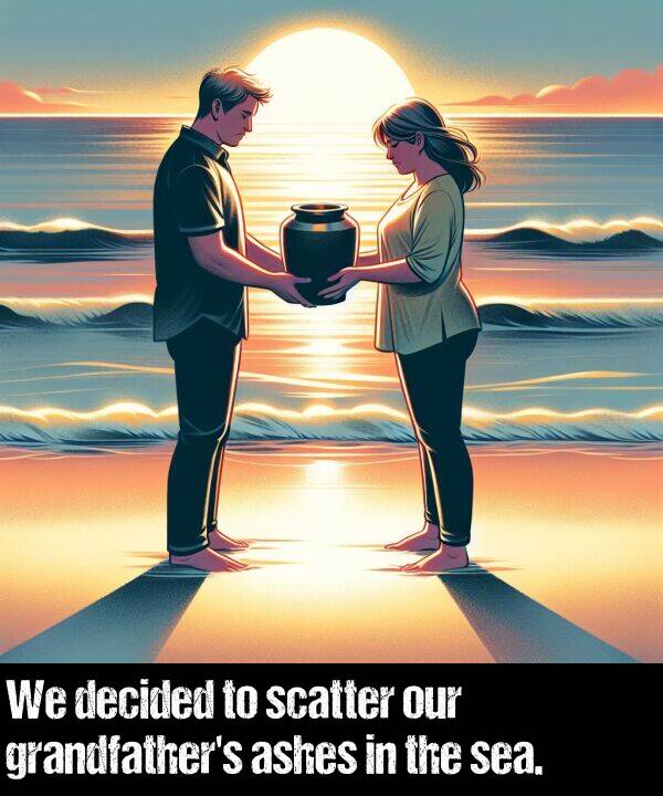 scatter: We decided to scatter our grandfather's ashes in the sea.