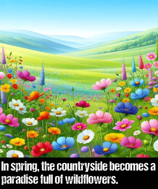 becomes: In spring, the countryside becomes a paradise full of wildflowers.