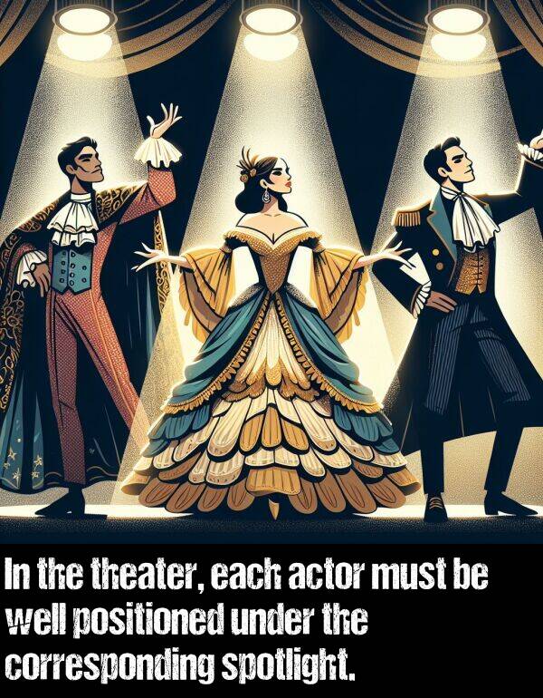 each: In the theater, each actor must be well positioned under the corresponding spotlight.
