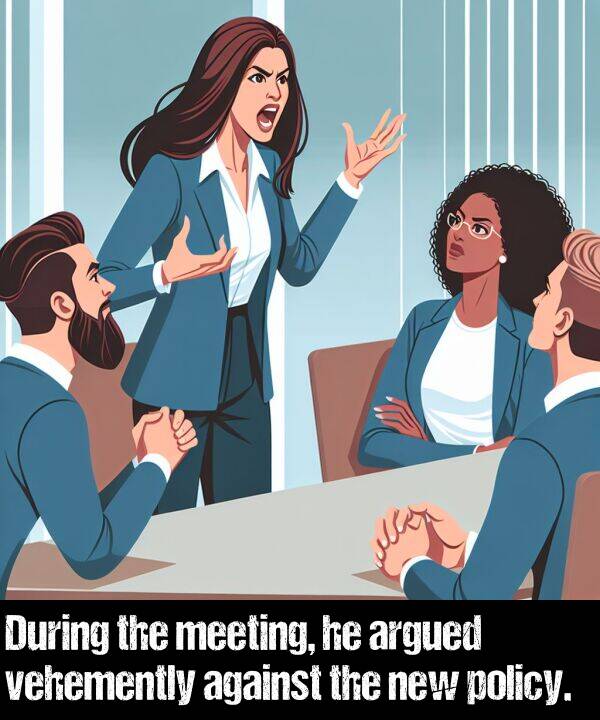 vehemently: During the meeting, he argued vehemently against the new policy.