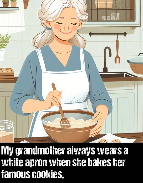bakes: My grandmother always wears a white apron when she bakes her famous cookies.