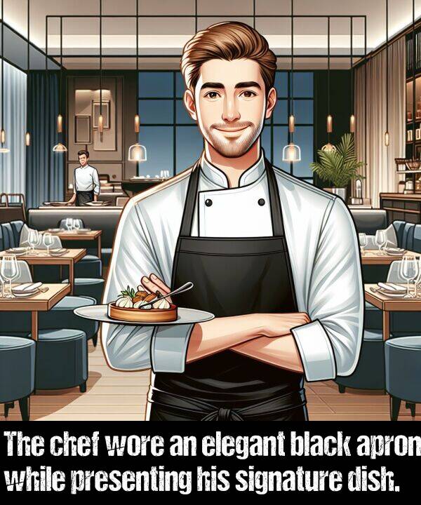 black: The chef wore an elegant black apron while presenting his signature dish.