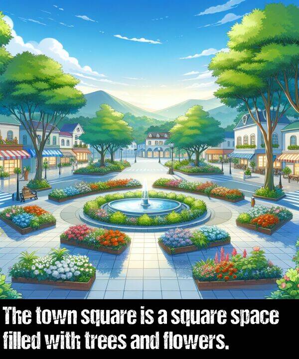 space: The town square is a square space filled with trees and flowers.