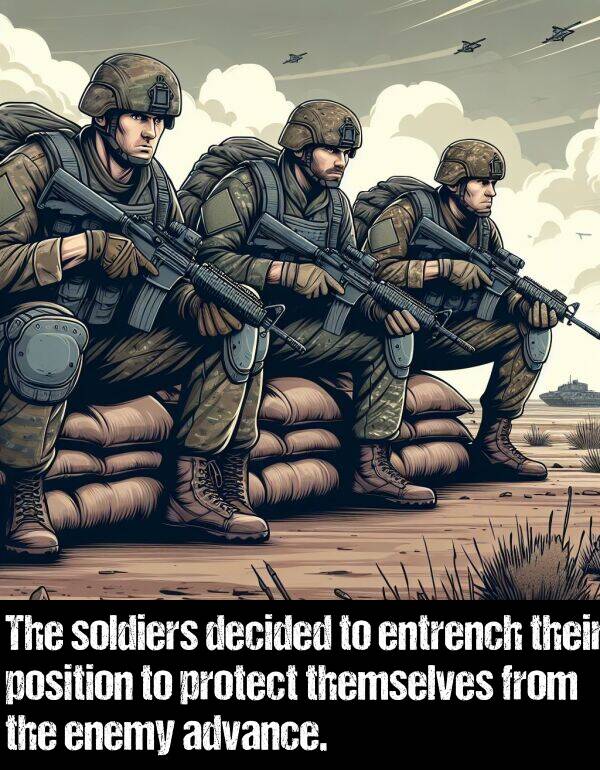 decided: The soldiers decided to entrench their position to protect themselves from the enemy advance.