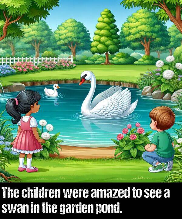 were: The children were amazed to see a swan in the garden pond.