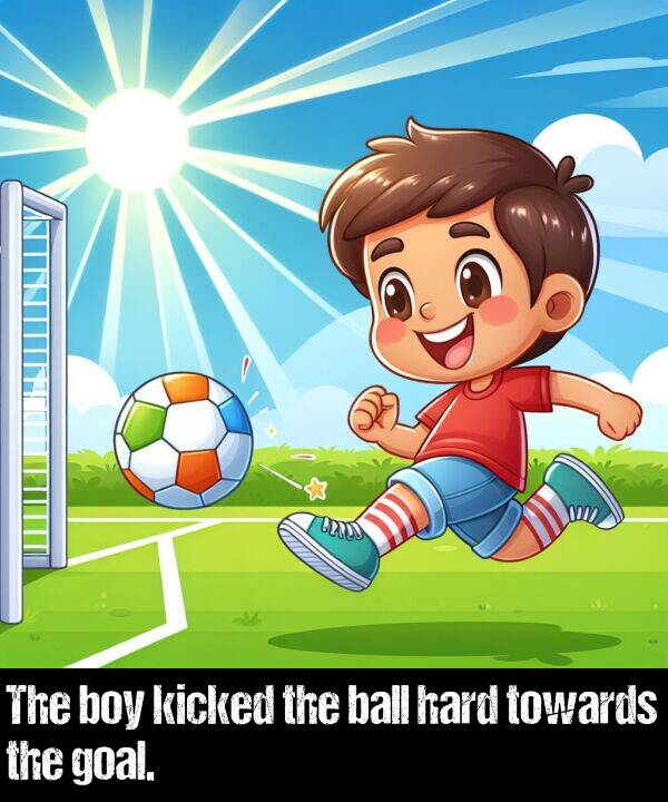 boy: The boy kicked the ball hard towards the goal.