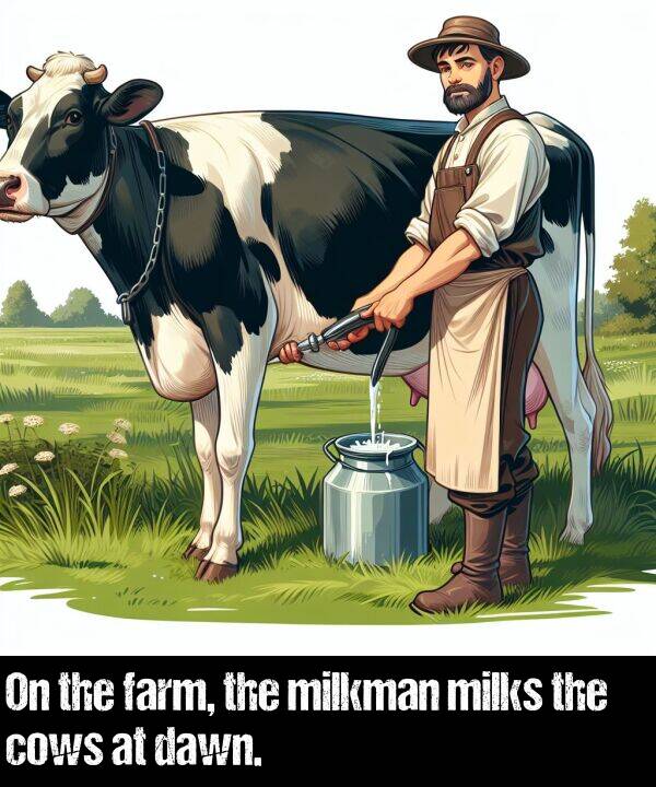 farm: On the farm, the milkman milks the cows at dawn.