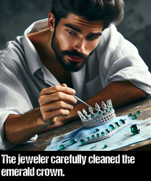 carefully: The jeweler carefully cleaned the emerald crown.