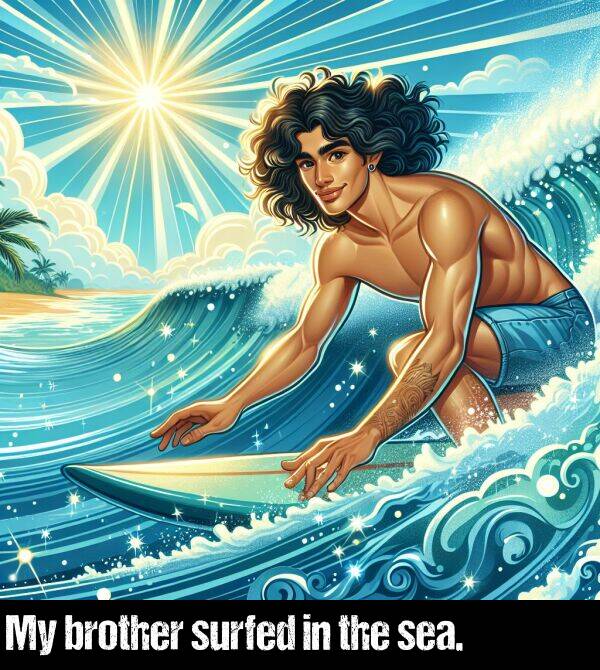 the: My brother surfed in the sea.