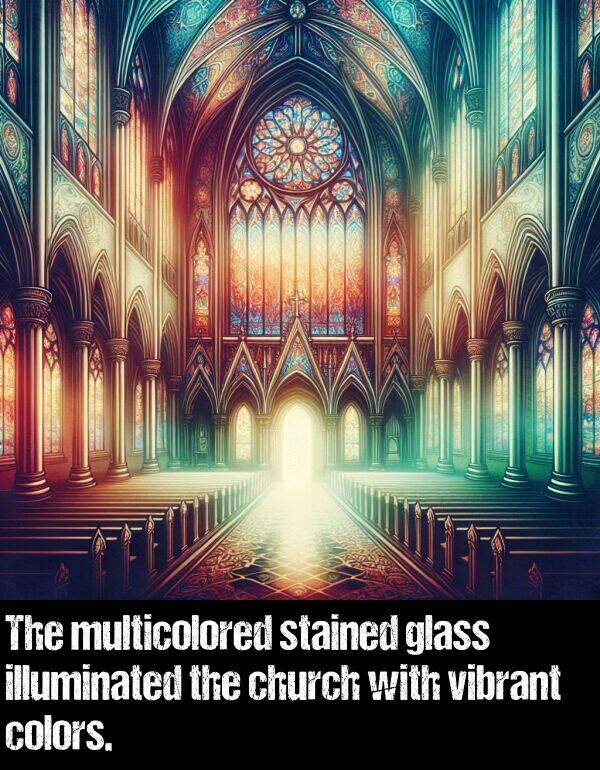 vibrant: The multicolored stained glass illuminated the church with vibrant colors.
