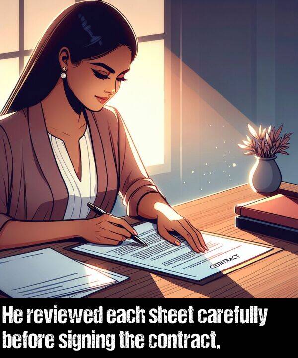 before: He reviewed each sheet carefully before signing the contract.