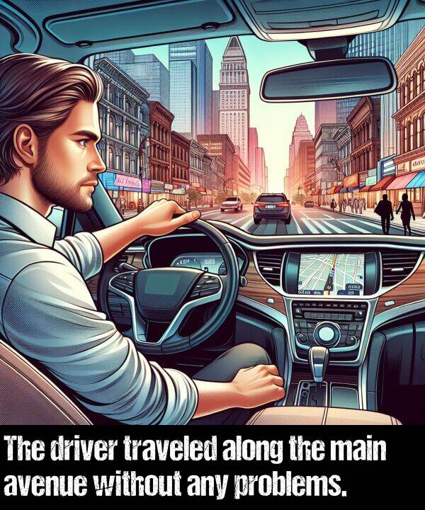 without: The driver traveled along the main avenue without any problems.