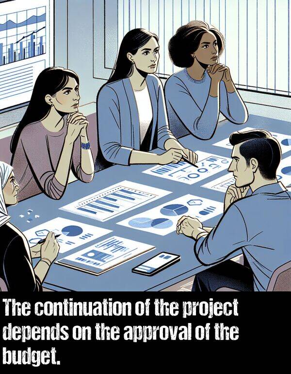 depends: The continuation of the project depends on the approval of the budget.