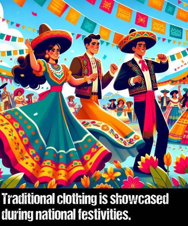 national: Traditional clothing is showcased during national festivities.