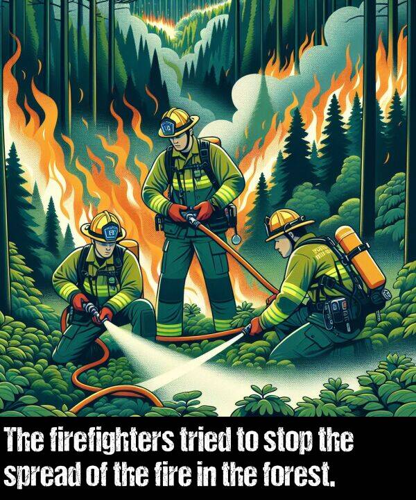 fire: The firefighters tried to stop the spread of the fire in the forest.