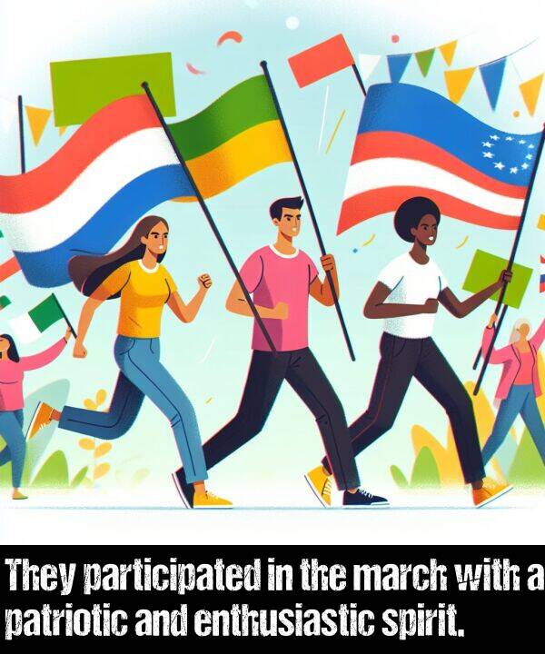participated: They participated in the march with a patriotic and enthusiastic spirit.