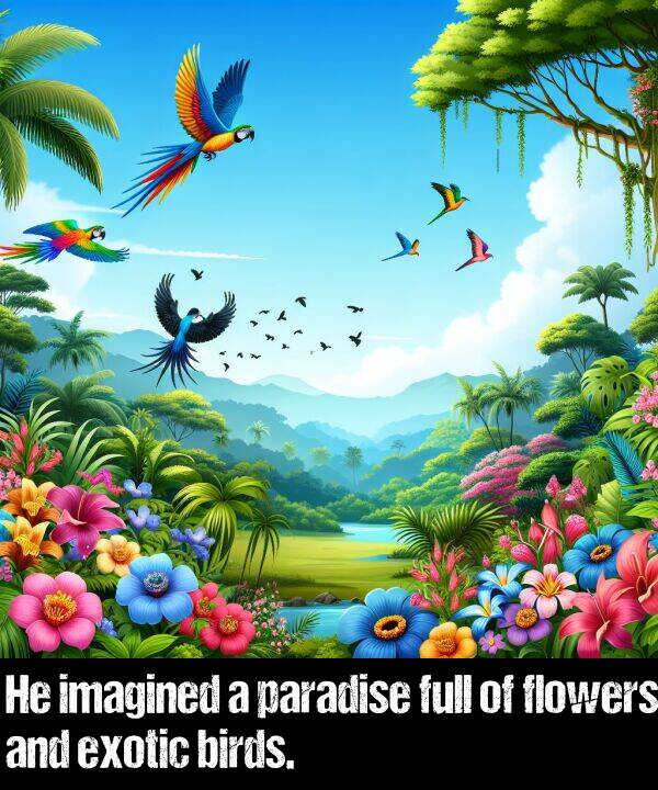 birds: He imagined a paradise full of flowers and exotic birds.