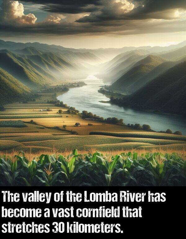 become: The valley of the Lomba River has become a vast cornfield that stretches 30 kilometers.