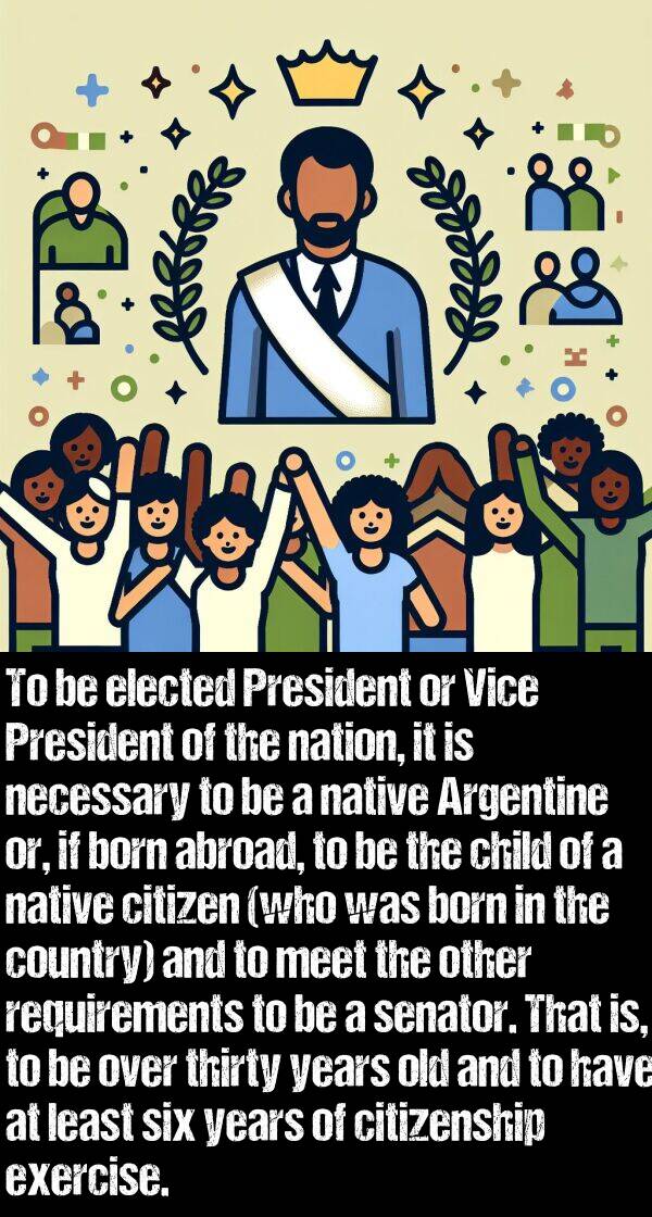 born: To be elected President or Vice President of the nation, it is necessary to be a native Argentine or, if born abroad, to be the child of a native citizen (who was born in the country) and to meet the other requirements to be a senator. That is, to be over thirty years old and to have at least six years of citizenship exercise.