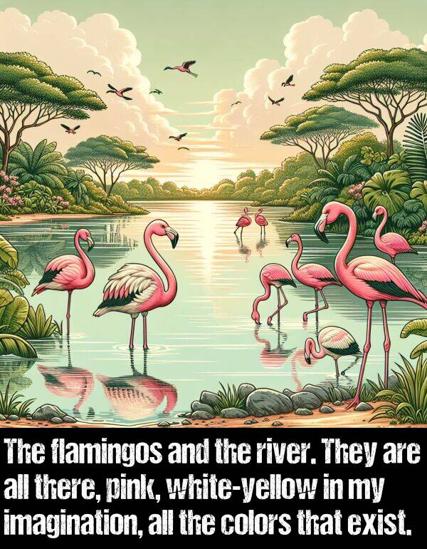 imagination: The flamingos and the river. They are all there, pink, white-yellow in my imagination, all the colors that exist.