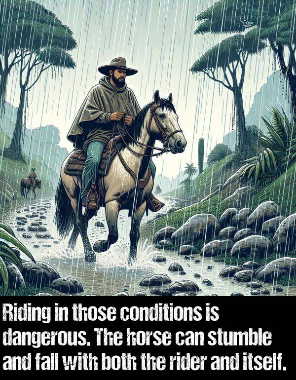 fall: Riding in those conditions is dangerous. The horse can stumble and fall with both the rider and itself.
