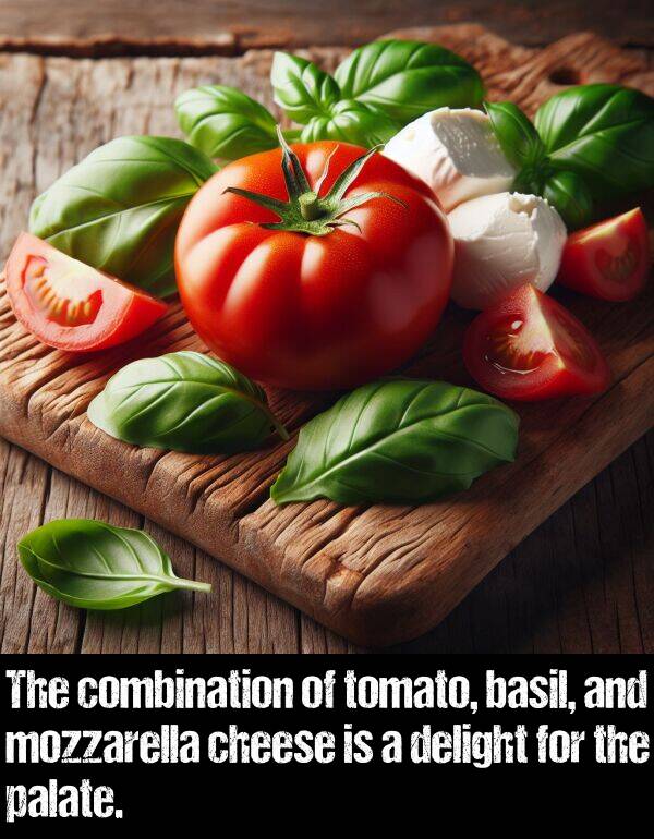 palate: The combination of tomato, basil, and mozzarella cheese is a delight for the palate.