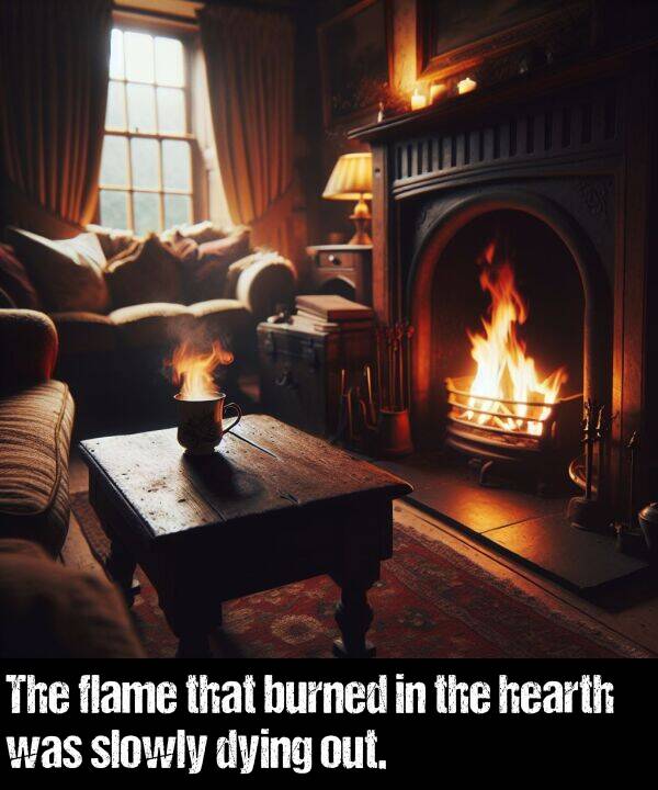 burned: The flame that burned in the hearth was slowly dying out.
