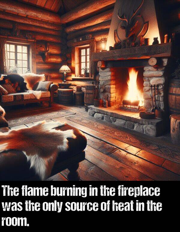 burning: The flame burning in the fireplace was the only source of heat in the room.