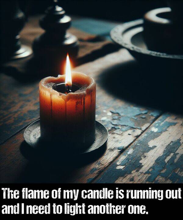 light: The flame of my candle is running out and I need to light another one.
