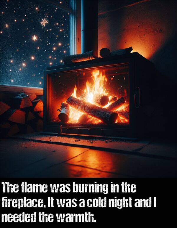 burning: The flame was burning in the fireplace. It was a cold night and I needed the warmth.