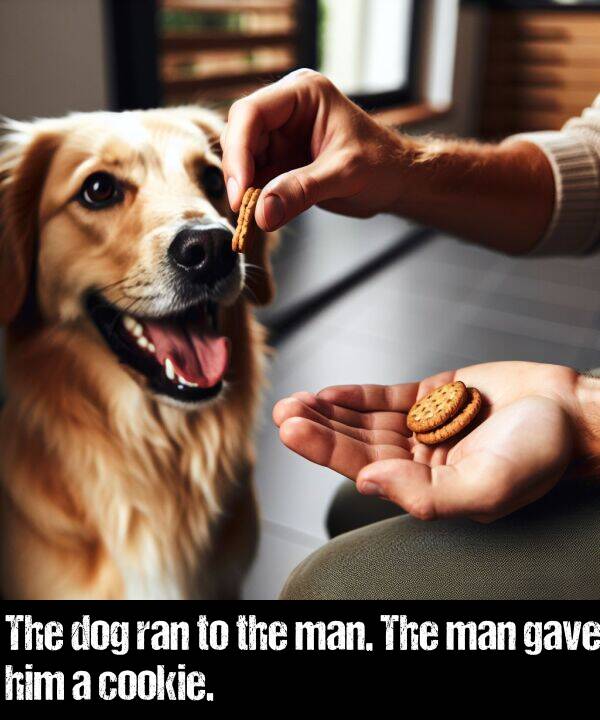 man: The dog ran to the man. The man gave him a cookie.