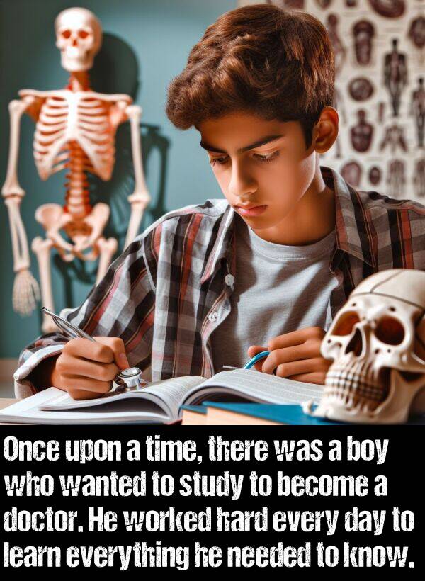 learn: Once upon a time, there was a boy who wanted to study to become a doctor. He worked hard every day to learn everything he needed to know.