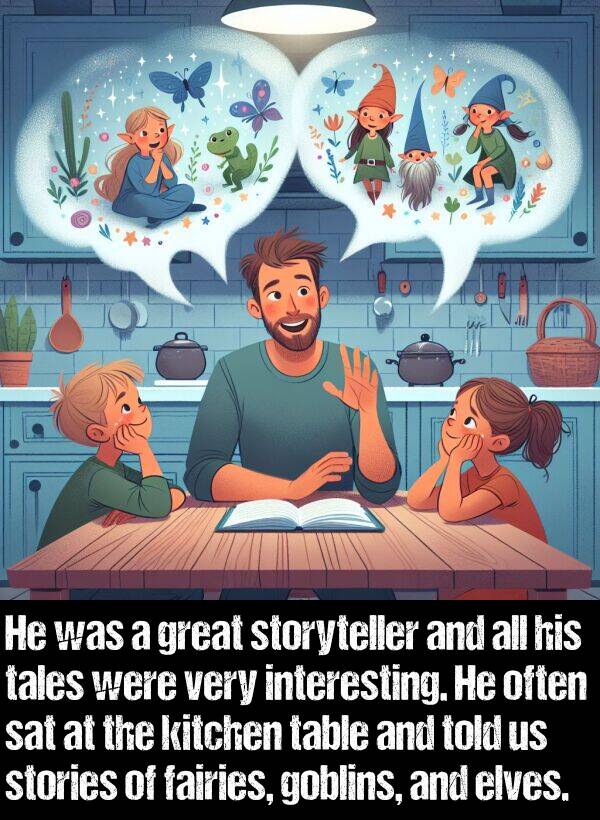 often: He was a great storyteller and all his tales were very interesting. He often sat at the kitchen table and told us stories of fairies, goblins, and elves.
