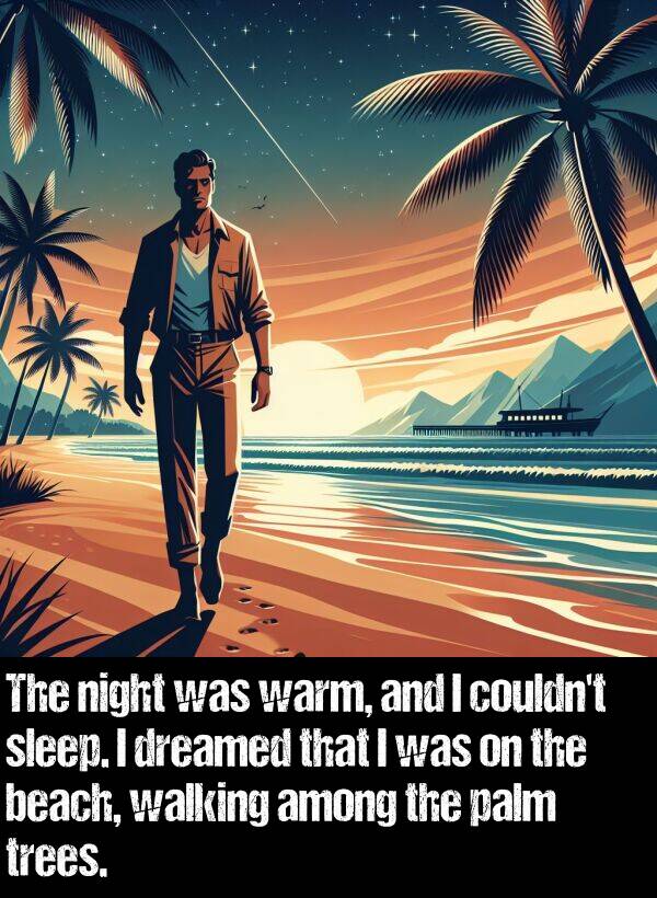 beach: The night was warm, and I couldn't sleep. I dreamed that I was on the beach, walking among the palm trees.