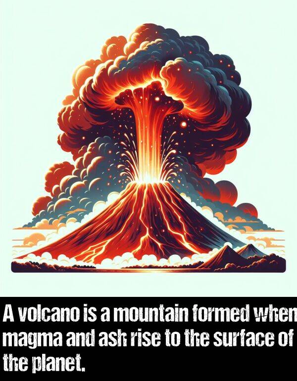 rise: A volcano is a mountain formed when magma and ash rise to the surface of the planet.