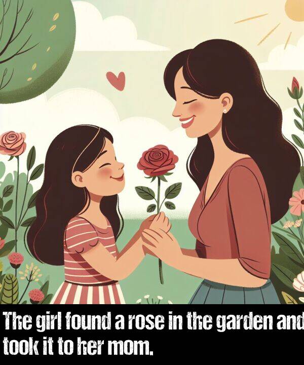 girl: The girl found a rose in the garden and took it to her mom.