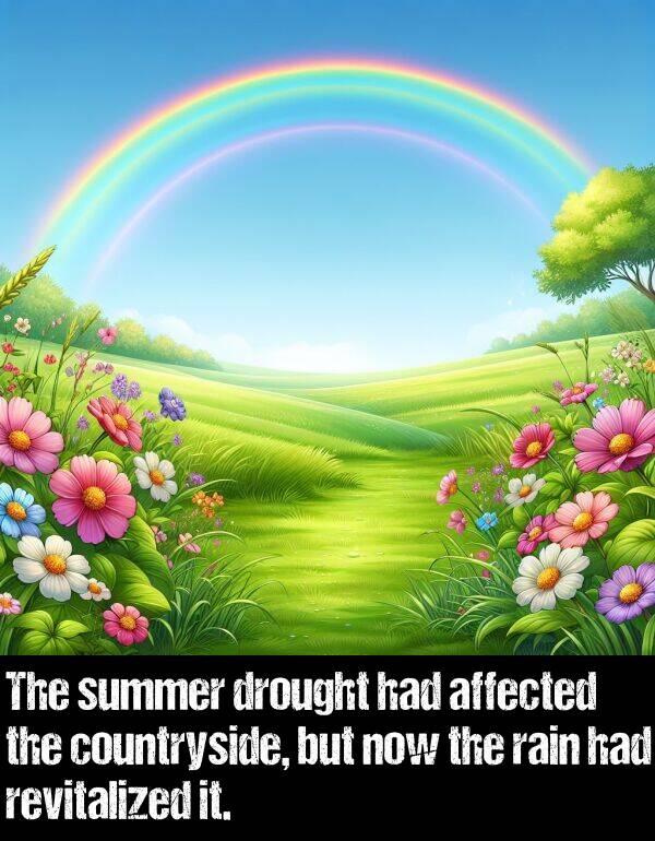 rain: The summer drought had affected the countryside, but now the rain had revitalized it.