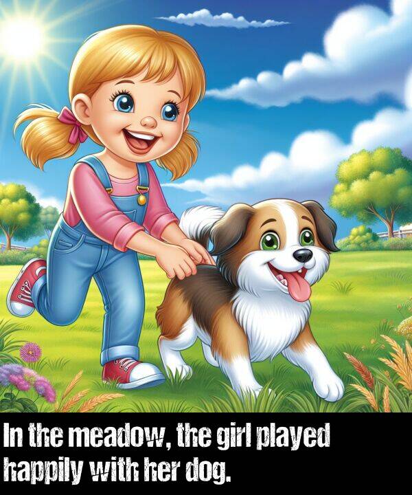 girl: In the meadow, the girl played happily with her dog.