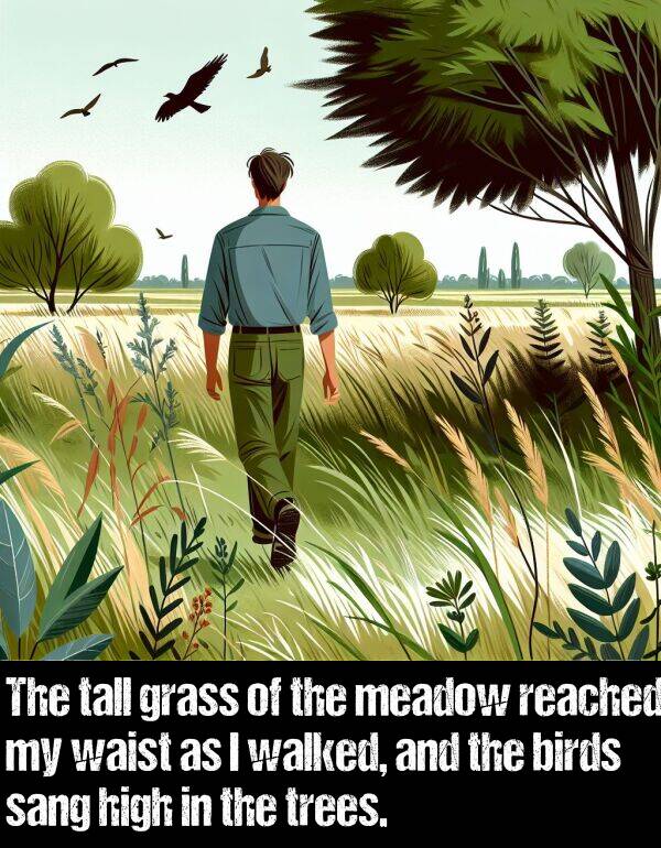 birds: The tall grass of the meadow reached my waist as I walked, and the birds sang high in the trees.