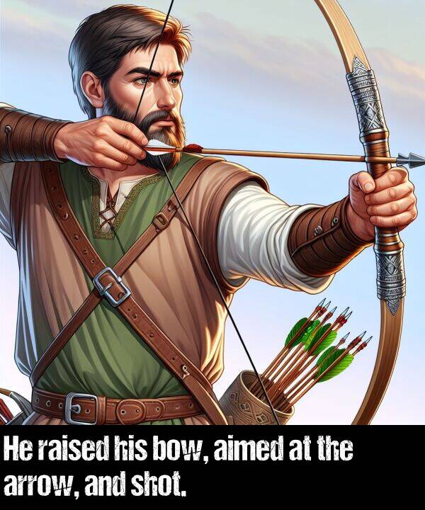bow: He raised his bow, aimed at the arrow, and shot.