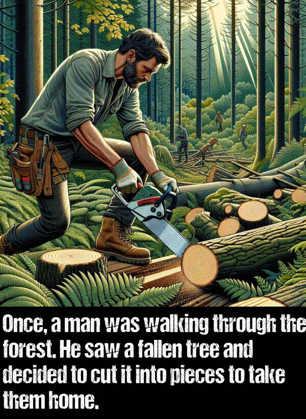 them: Once, a man was walking through the forest. He saw a fallen tree and decided to cut it into pieces to take them home.