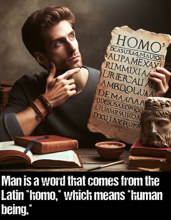 being: Man is a word that comes from the Latin "homo," which means "human being."