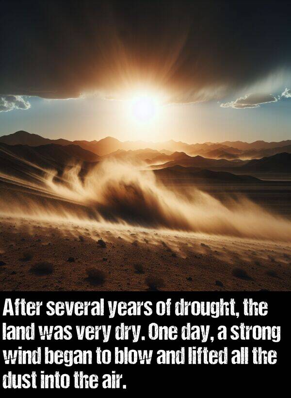 land: After several years of drought, the land was very dry. One day, a strong wind began to blow and lifted all the dust into the air.