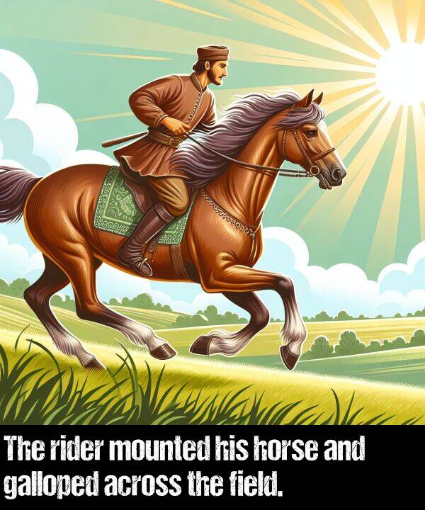 field: The rider mounted his horse and galloped across the field.