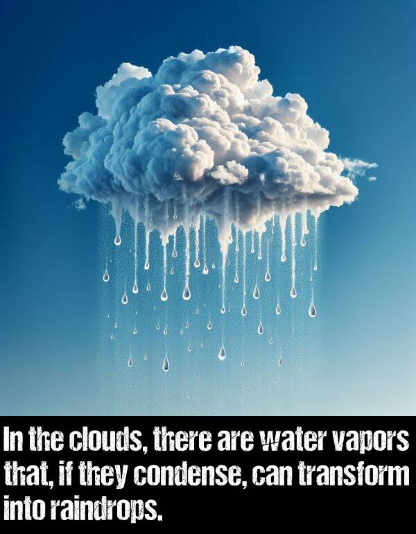 raindrops: In the clouds, there are water vapors that, if they condense, can transform into raindrops.