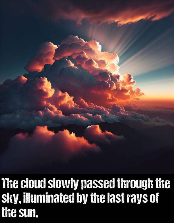 last: The cloud slowly passed through the sky, illuminated by the last rays of the sun.