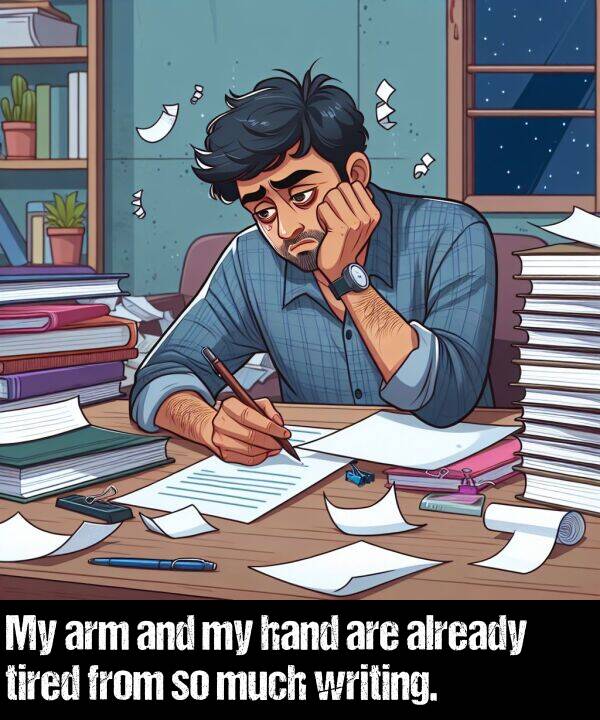 hand: My arm and my hand are already tired from so much writing.
