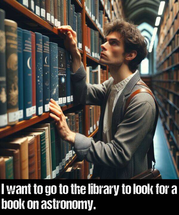 library: I want to go to the library to look for a book on astronomy.