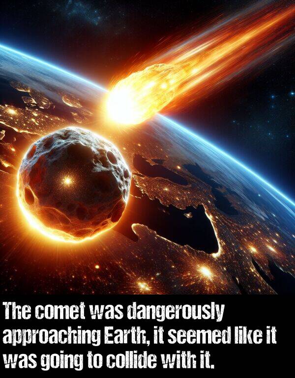 dangerously: The comet was dangerously approaching Earth, it seemed like it was going to collide with it.